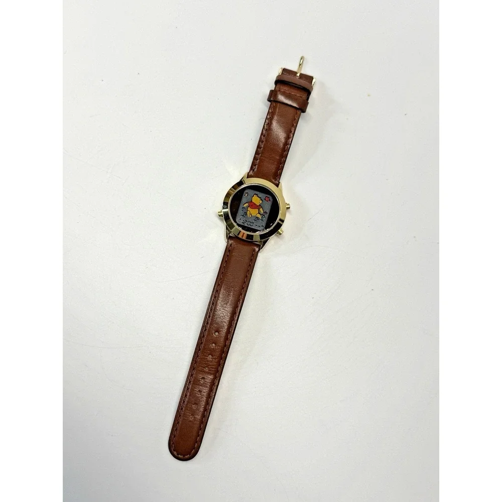 Vintage Disney Pooh Bear Watch S11 Flowers Butterfly Colorful Gold Brown Leather